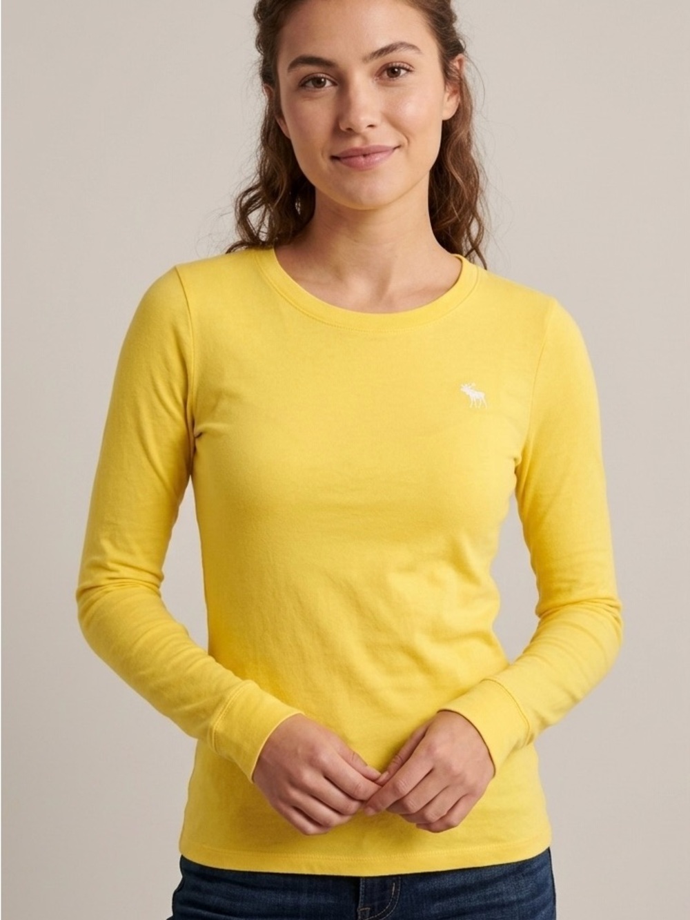 Abercrombie & Fitch Yellow Long Sleeve Crewneck Tee Shirt Moose Logo
